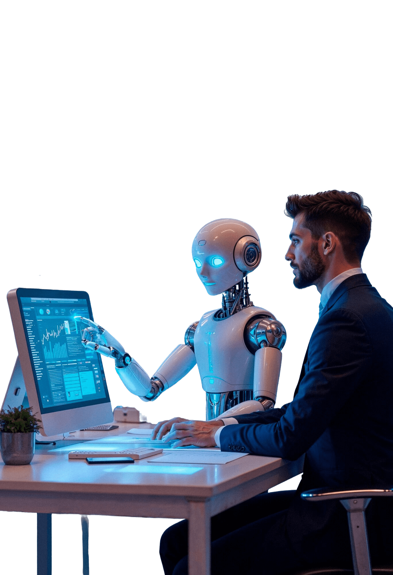 man robot working together high tech office