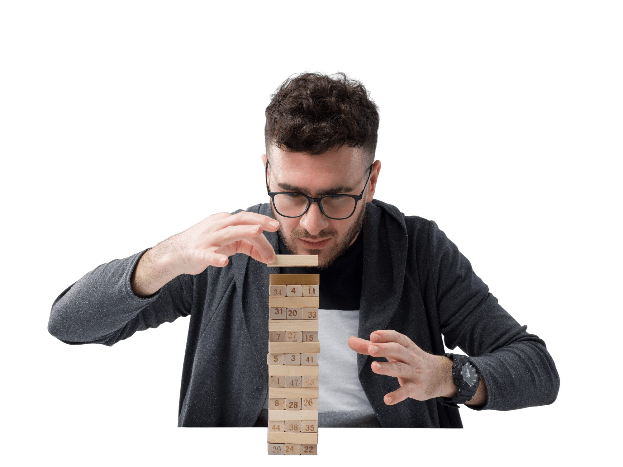 young man sitting spectacles watches grey jacket playing with wooden figures along with plant white